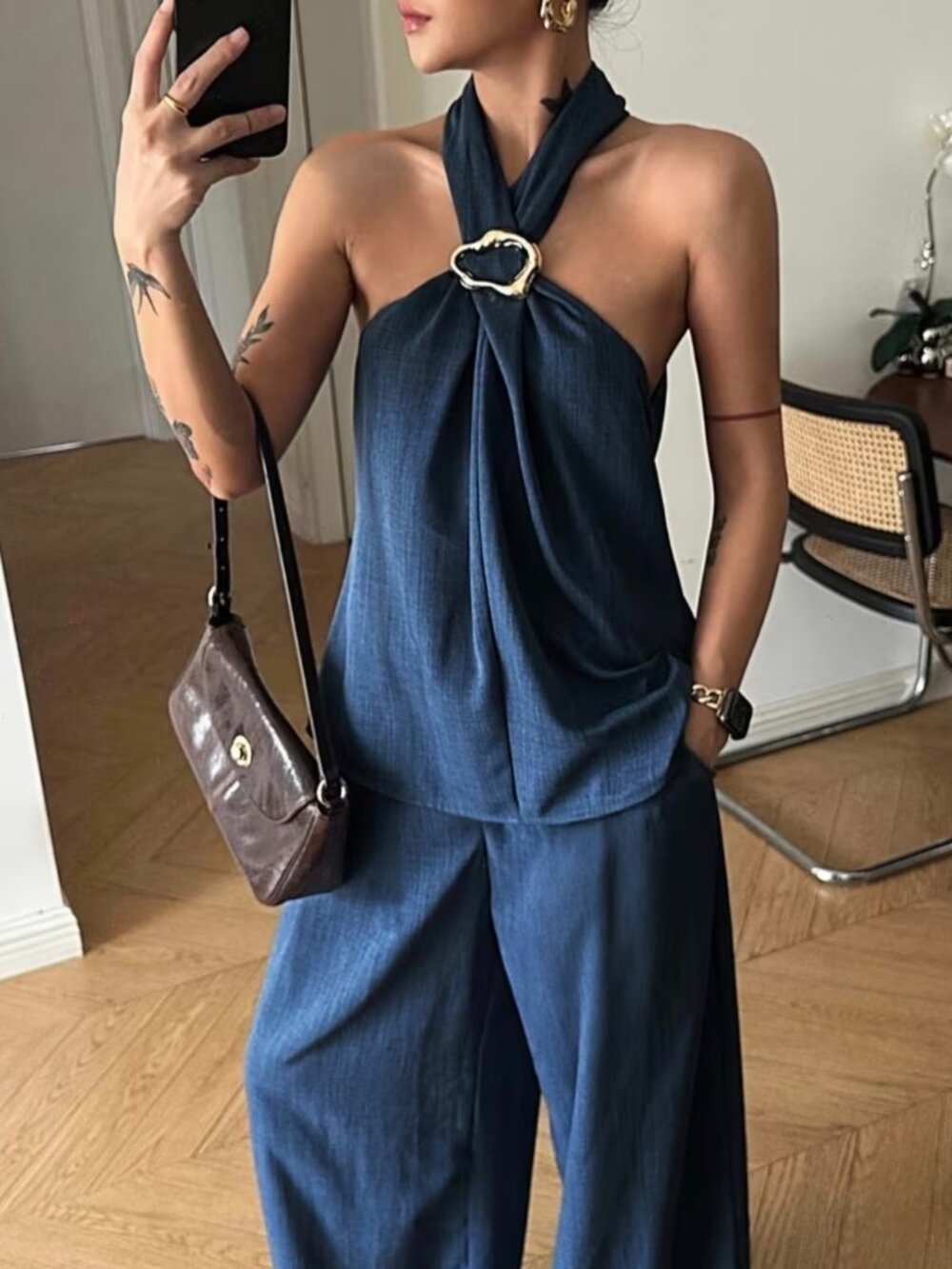 Two-Piece Vintage Coin Embellished Backless Halter Top And Wide-Leg Pants Set - Picture 2 of 5